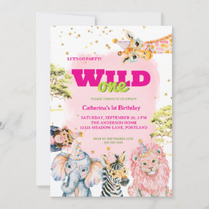 Invitación Cumpleaños 1er Salvaje Neon Animal de la Jungla Ni