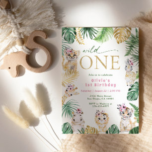 Invitación Cumpleaños 1er Salvaje Safari Jungla Animal Oro