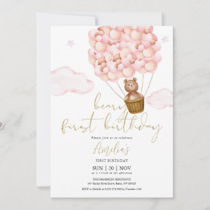 Invitación Cumpleaños 1er Teddy Bear Pink Balloons