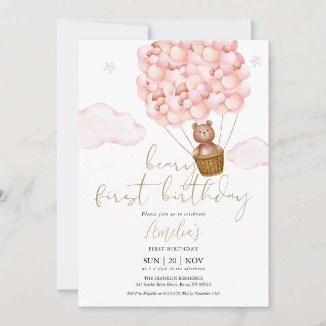 Invitación Cumpleaños 1er Teddy Bear Pink Balloons (Anverso)