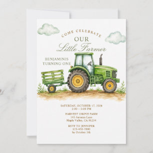 Invitación Cumpleaños 1er Tractor Verde Sage Pequeño Granjero