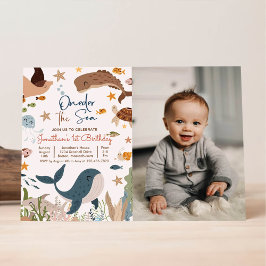Invitación Cumpleaños 1er Uno-der el tiburón ballena vida mar