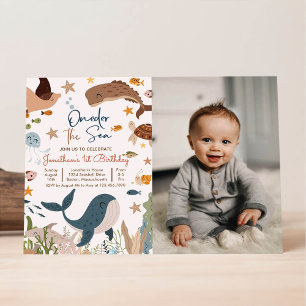 Invitación Cumpleaños 1er Uno-der el tiburón ballena vida mar