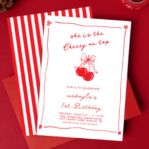 Invitación Cumpleaños 1ro Rojo Cereza Lindo Dibujado a Mano