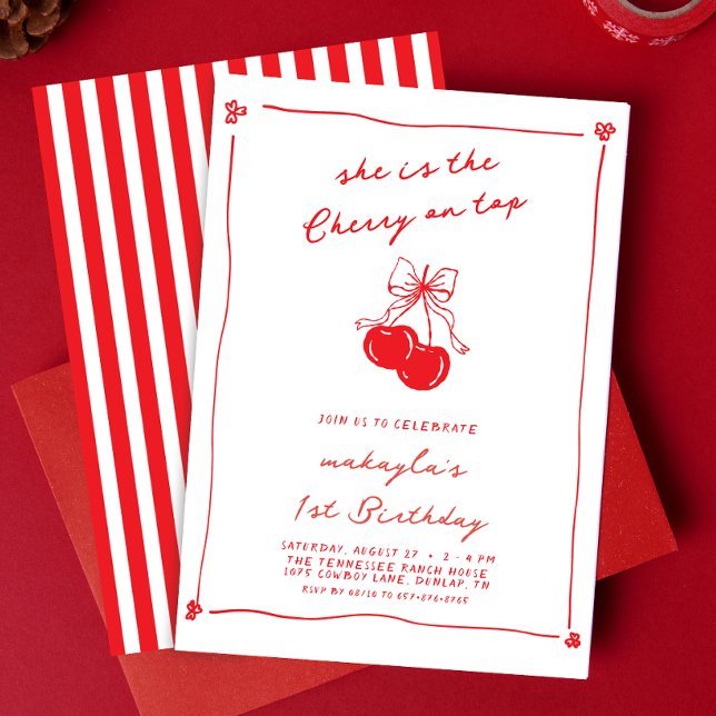 Invitación Cumpleaños 1ro Rojo Cereza Lindo Dibujado a Mano (Subido por el creador)