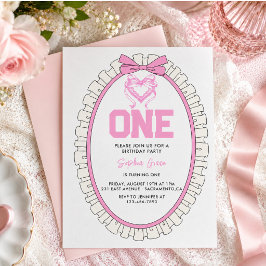 Invitación Cumpleaños 1st con Lindo Lazo Rosa Coquette