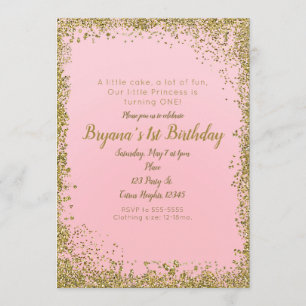 Invitación Cumpleaños 1ST Fiesta Glam Rosa Rubor y Dorado Bri