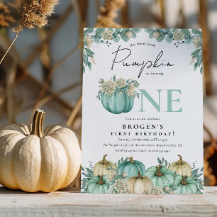 Invitación Cumpleaños 1st Little Pumpkin Teal Watercolor
