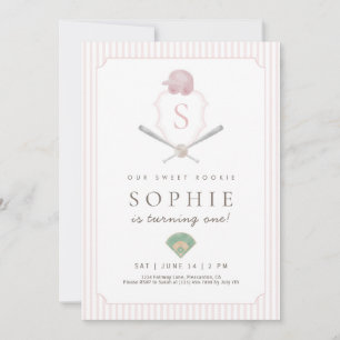 Invitación Cumpleaños 1st Pink Baseball Preppy Crest