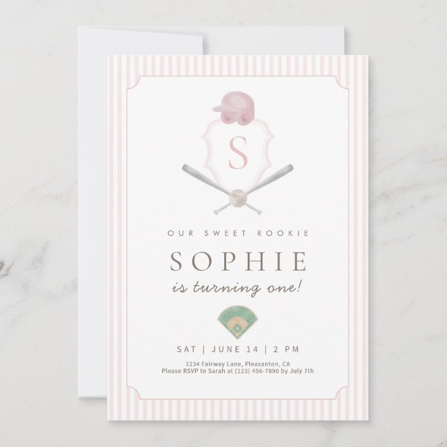 Invitación Cumpleaños 1st Pink Baseball Preppy Crest  (Anverso)