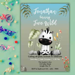 Invitación Cumpleaños 2º Cute Dos Safari Cebra Niños Salvajes