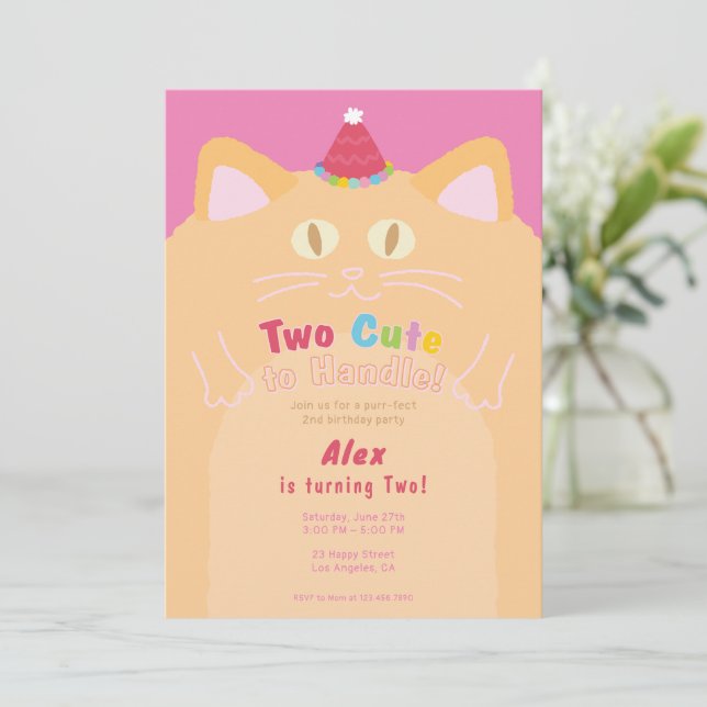 Invitación Cumpleaños 2º "Gato Dos Cute para Manejar" (Anverso de pie)