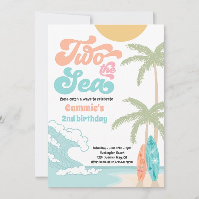 Invitación Cumpleaños 2º Two The Sea Retro Surfboard Beach (Anverso)