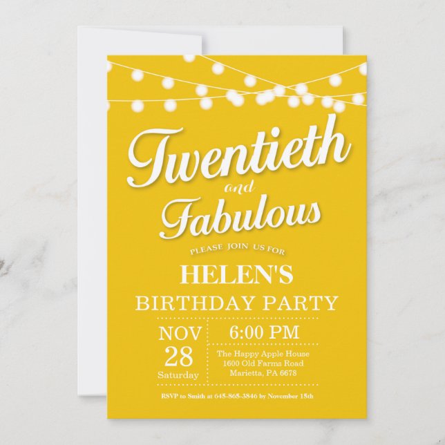 Invitación cumpleaños 20 amarillo fabuloso (Anverso)
