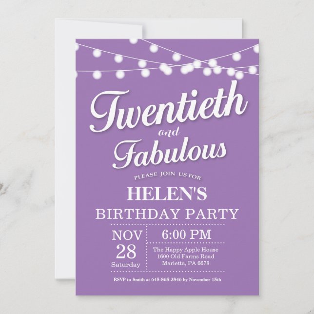 Invitación cumpleaños 20 años Morado Fabuloso (Anverso)