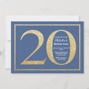Invitación Cumpleaños 20 Azul y Dorado Brillante