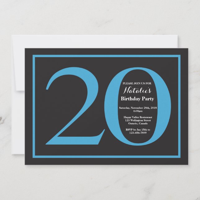 Invitación Cumpleaños 20 Azul y Pizarra Negra (Anverso)