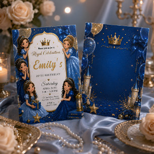 Invitación Cumpleaños 20 de la Princesa Azul Real y Oro