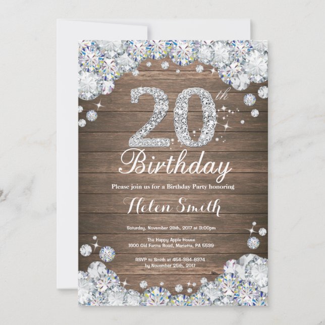 Invitación Cumpleaños 20 de Rusti Plata Diamante (Anverso)