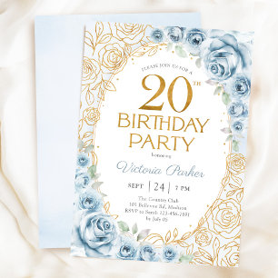 Invitación Cumpleaños 20 Dusty Blue Gold Floral Femenino