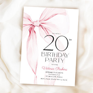 Invitación Cumpleaños 20 Elegante Coqueta con Lazo Rosa