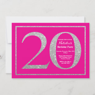 Invitación Cumpleaños 20 Hot Pink y Purpurina Plateada