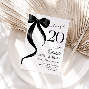Invitación Cumpleaños 20 Moderno con Lazo Negro en Acuarela