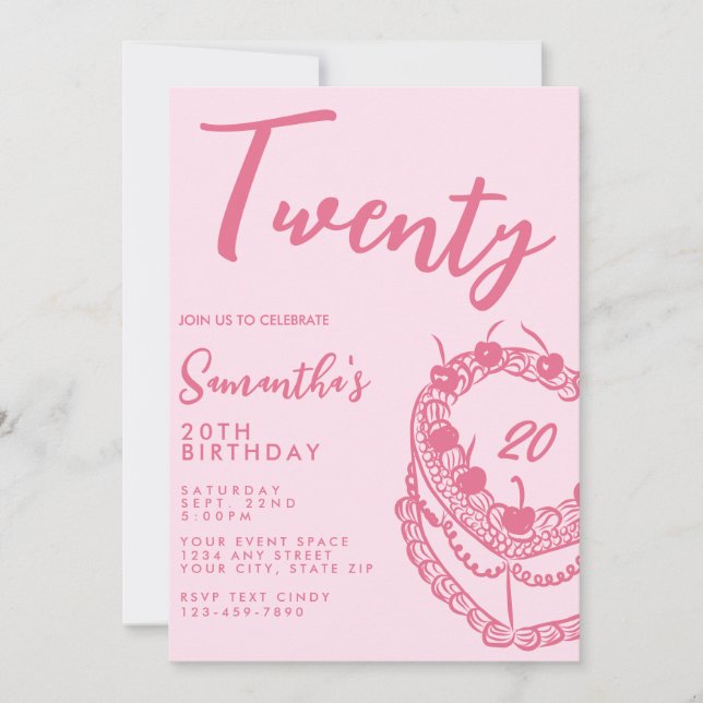 Invitación Cumpleaños 20 moderno simple y trendy rosa (Anverso)