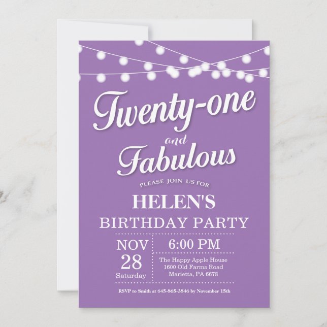 Invitación Cumpleaños 20 Morado Fabuloso (Anverso)