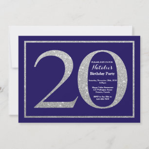 Invitación Cumpleaños 20 Navy Blue y Brillo Plateado