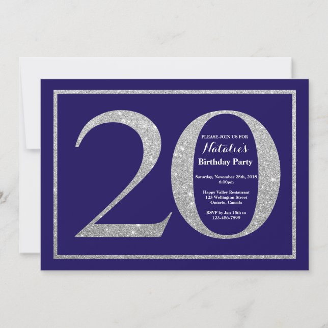 Invitación Cumpleaños 20 Navy Blue y Brillo Plateado (Anverso)