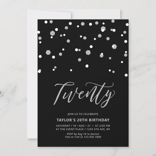 Invitación Cumpleaños 20 negro y plata simple I (Anverso)