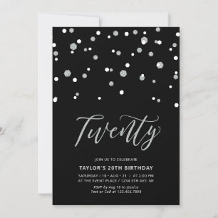 Invitación Cumpleaños 20 negro y plata simple I