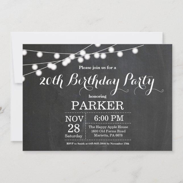 Invitación Cumpleaños 20 Pizarra de Tiza (Anverso)
