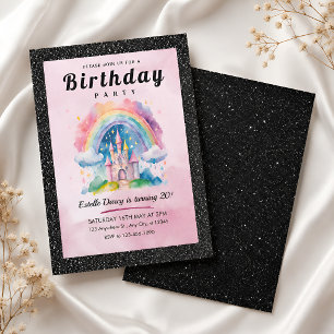 Invitación Cumpleaños 20 Princesa Castillo Brillante Negro Ch
