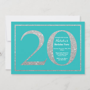 Invitación Cumpleaños 20 Teal y Brillo de Plata