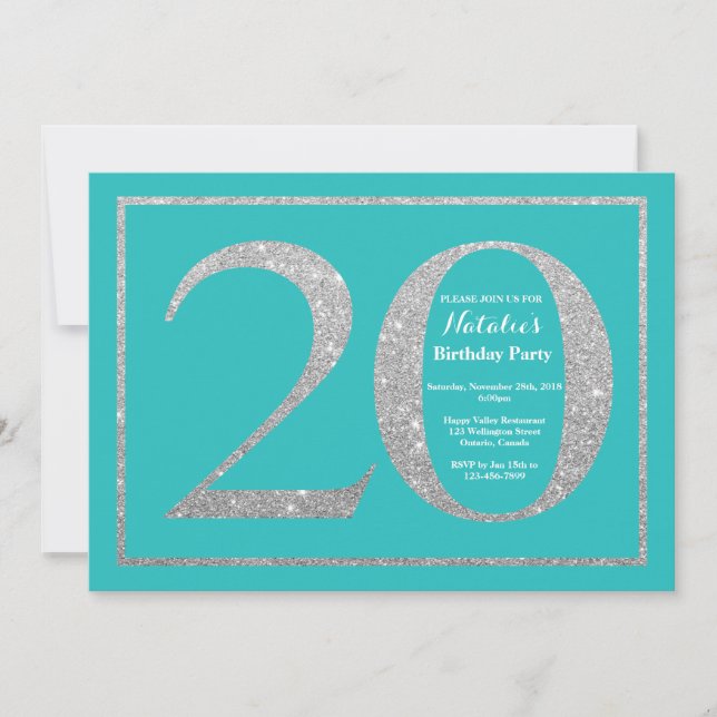Invitación Cumpleaños 20 Teal y Brillo de Plata (Anverso)