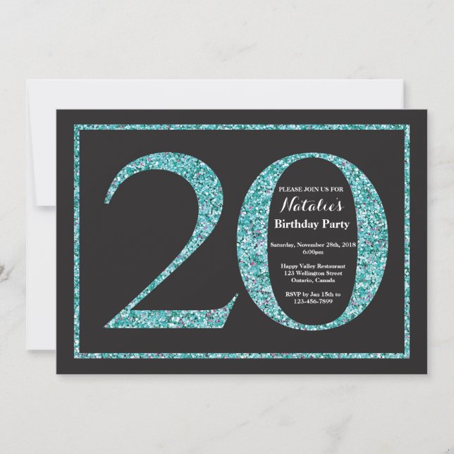 Invitación Cumpleaños 20 Verde Brillante Pizarra (Anverso)