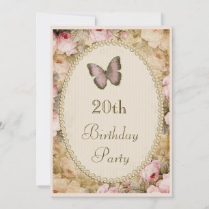 Invitación Cumpleaños 20 Vintage Rosas Mariposa, Notas Musica