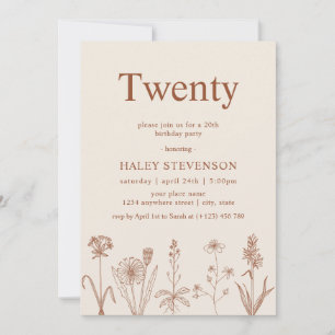 Invitación Cumpleaños 20 Wildflower Twenty Beige Terracotta