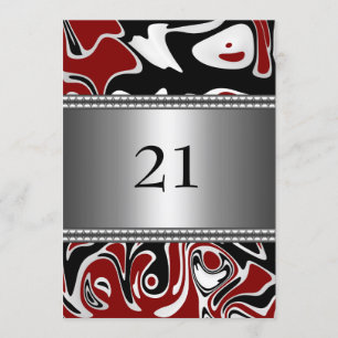 Invitación Cumpleaños 21 Abstracto Negro Blanco Rojo Plata