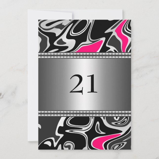 Invitación Cumpleaños 21 Abstracto Negro Blanco Rosa con Bord (Anverso)