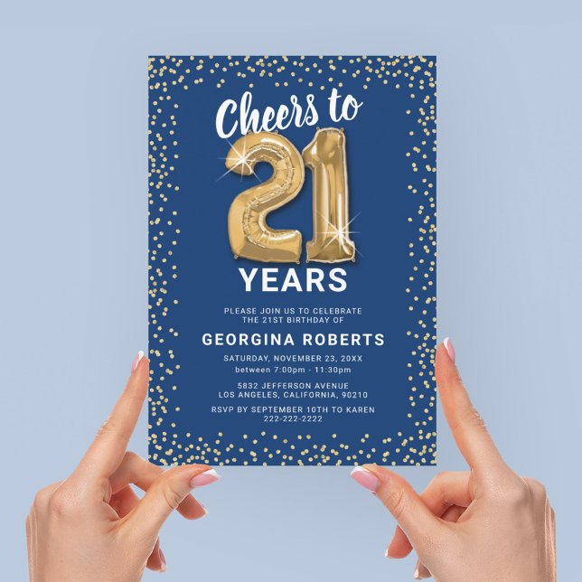Invitación Cumpleaños 21 Adulto Azul Oro (Subido por el creador)
