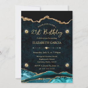 Invitación Cumpleaños 21 Agata Brillo Azul Verdoso y Dorado