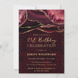 Invitación Cumpleaños 21 Ágata Brillo Rojo y Dorado