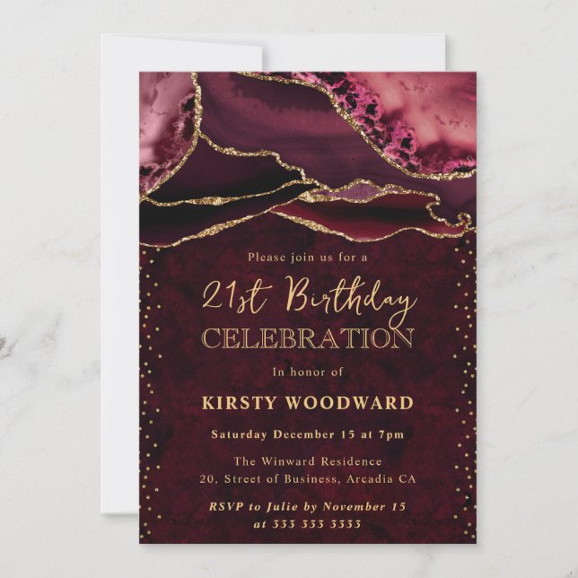 Invitación Cumpleaños 21 Ágata Brillo Rojo y Dorado (Anverso)