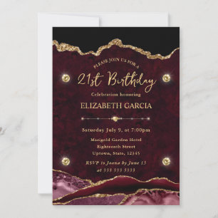 Invitación Cumpleaños 21 Ágata Brillo Rojo y Dorado
