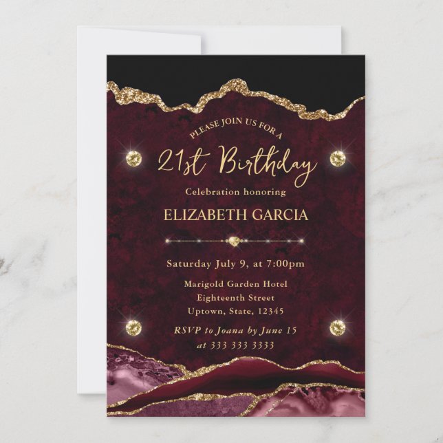 Invitación Cumpleaños 21 Ágata Brillo Rojo y Dorado (Anverso)