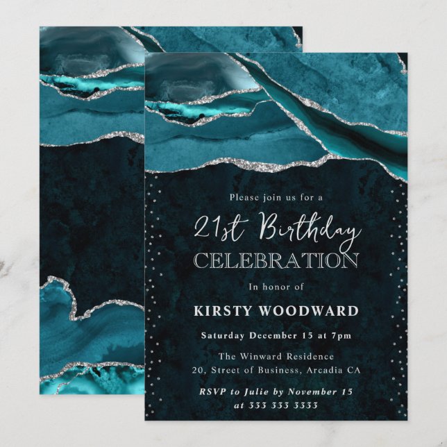 Invitación Cumpleaños 21 Ágata Brillo Teal y Plata (Anverso / Reverso)