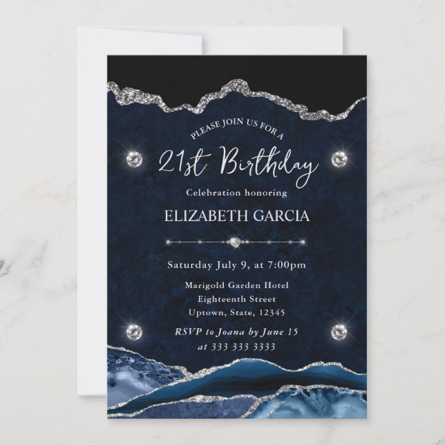 Invitación Cumpleaños 21 Agata con Brillo Azul y Plateado (Anverso)